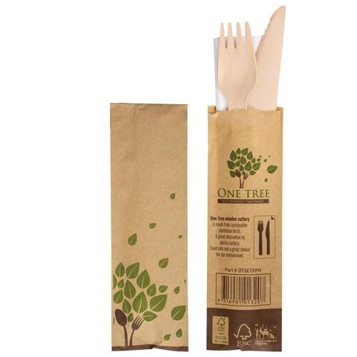One Tree Eco Wooden Cutlery Set - Knife, Fork, Napkin - 400/ctn