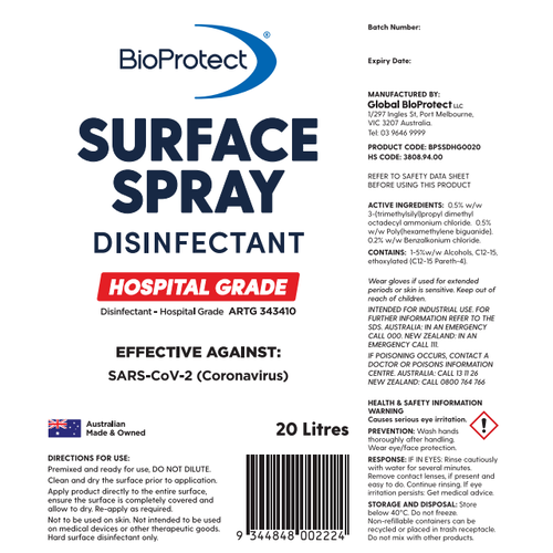 BioProtect Surface Spray Disinfectant - Hospital Grade 20L