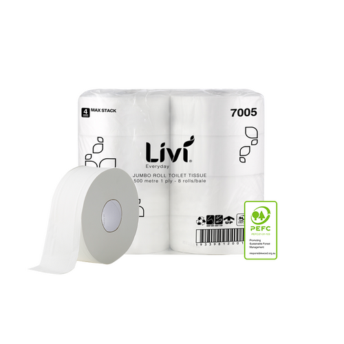 Livi Everyday 500m 1ply Recycled Jumbo Toilet Rolls 8/ctn